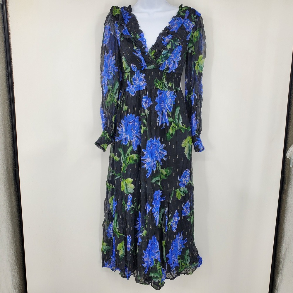 Anthropologie Dark Floral Metallic Smocked Maxi Dress XXS Black Dark Fairy Boho